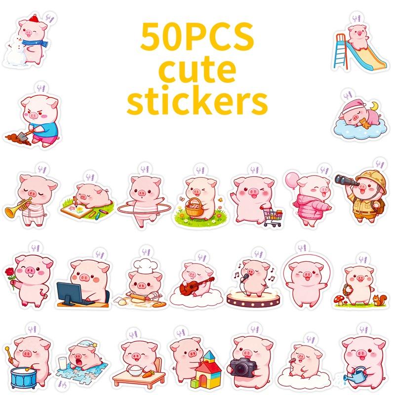 50PCS Cartoon Pink Pig PVC Sticker Aesthetic Colored DIY Sticky Decoration Scrapbooking Hand Accounting Supplies