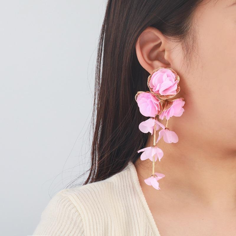 Draweye Chiffon Flowers Earrings for Women Beach Style Summer Hyperbole Vintage Jewelry Elegant Sweet Pendientes Mujer