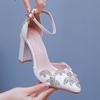 10 Cm Thick Heel Pointed Toe Single Shoes Large Size Thick Heel Sandals Rhinestone Wedding Shoes Women's White Wedding Shoes Diamond
