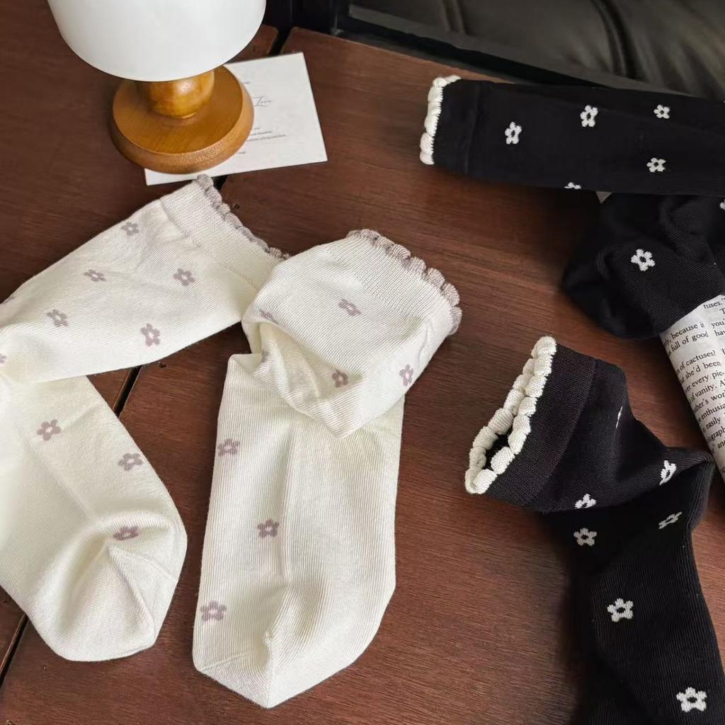 Floral Socks Women'S Medium Tube Socks Spring And Autumn Cotton Socks Tide Contrasting Lace Stockings Stacking Socks