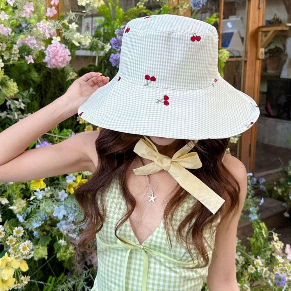 Double Sided Wearable Summer Sun Hat Ribbon Embroidered Cherry Bucket Hat Sunscreen Visor Cap  Girl