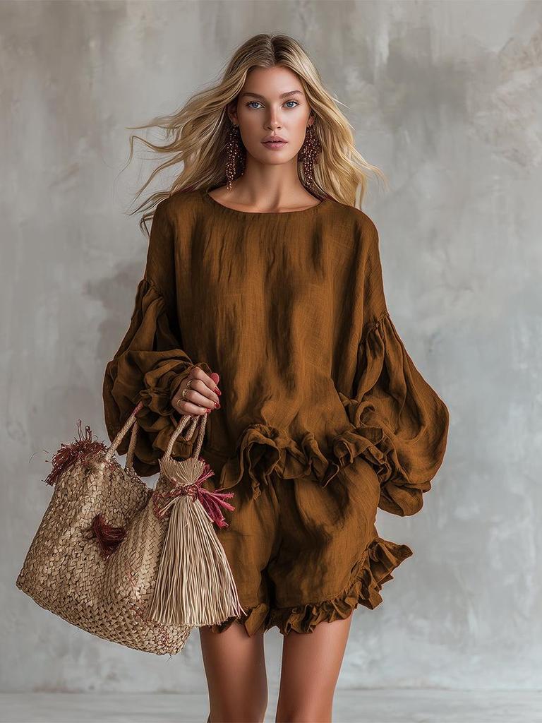 Set de top cu mânecă tip felinar și pantaloni scurți cu volane pentru femei, ediția 2026 European & American - Modă Primăvară/Vară