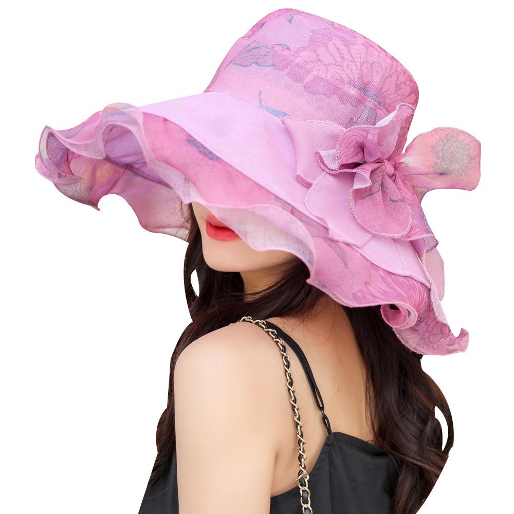 Big eaves lace sunshade women's spring and summer travel mesh yarn hat sunscreen elegant organza breathable folding sun hat