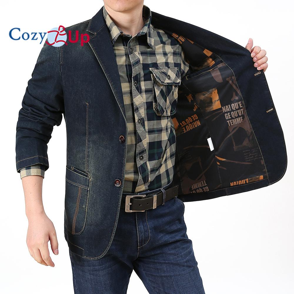 Cozy Up Men`s Vintage Label Collar Denim Jeans Jacket Trench Coat