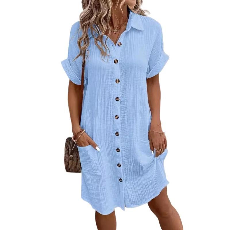 Women's Fashion Summer Spring Solid Color Print Short Sleeve POLO-Neck Casual Dresses