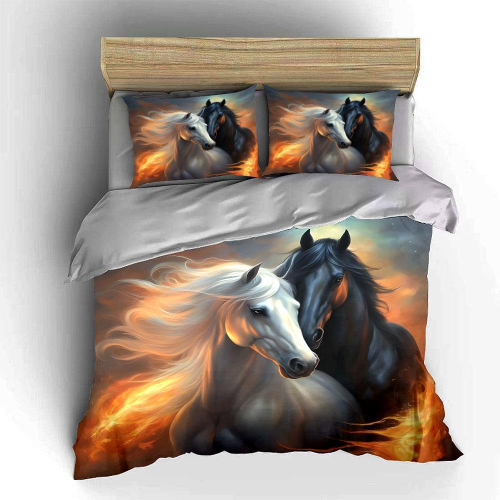 Horses Fiery Art Decor Set Bedding Set with 1 Duvet Cover 2 Pillowcases Single Double King Queen, Gift