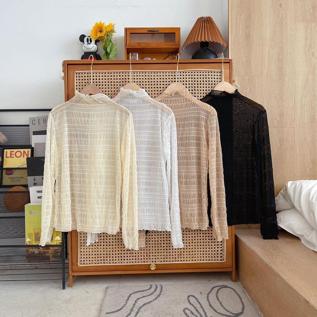 Elegant Lace Base Chiffon Shirt - Women's Autumn High-End Solid Color Top with Semi-High Collar Design