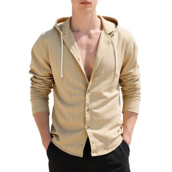 Men Stripe Hooded Shirt Linen Long Sleeve Button Down Shirt