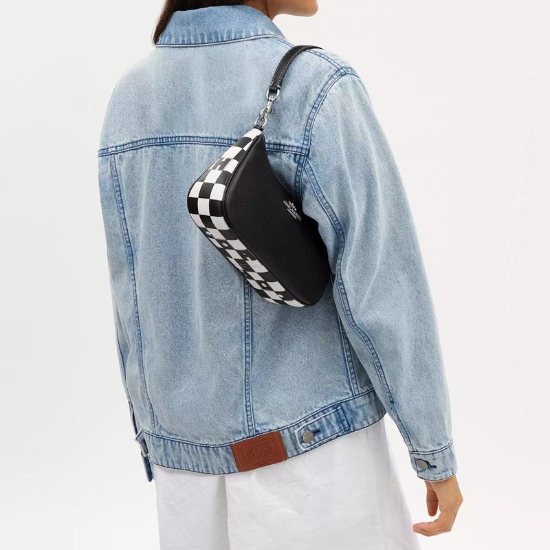Coach Teri 24 Checkered Print Logo Zip Closure Pebble Leather Crossbody Shoulder Bag Medium Women Bags Black White CR103-SVA16