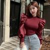 Retro Elegant Bubble Sleeve Stand Collar Knitted Shirt for Women Japanese Korean Casual Lazy Style Solid Spliced Top