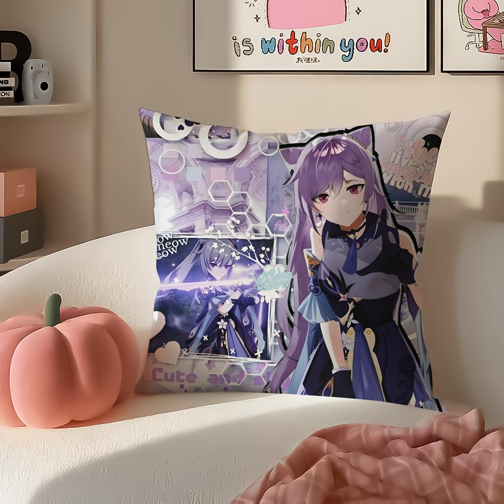 Game Genshin Keqing Cushion Cover Pillowcase Short Plush Invisible zipper Room Sofa Cushion Cover