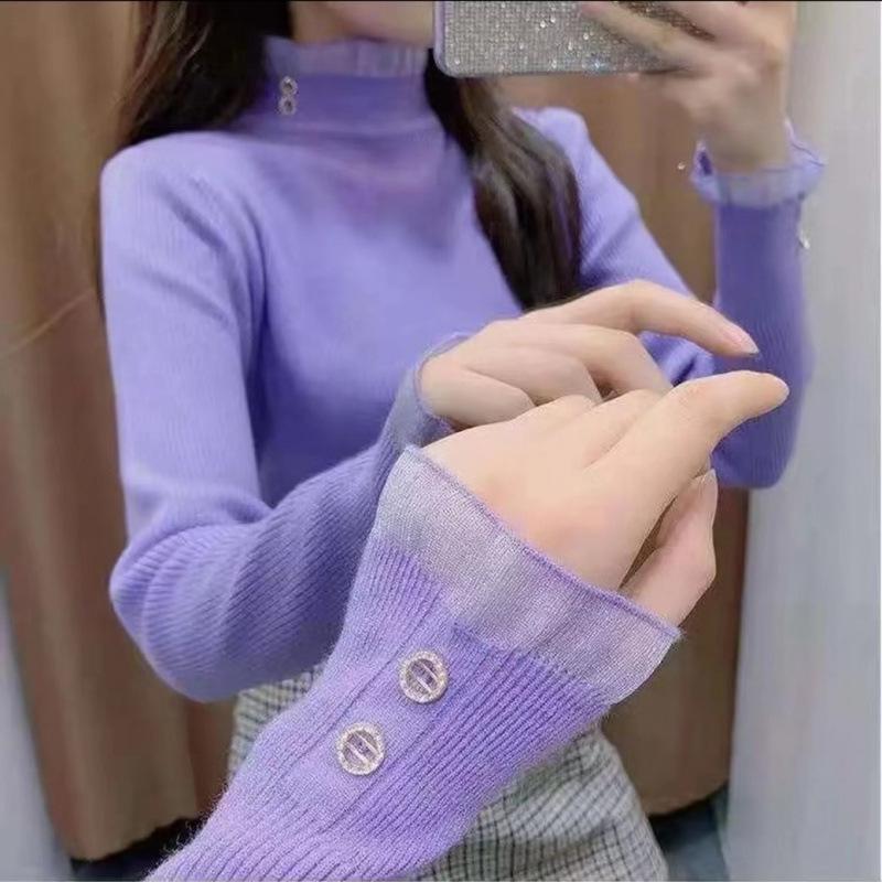 

Кружевное кружево Полуводолазка Базовая рубашка Женская Осень и Зима Зарубежный стиль Новинка Вязаный Универсальный топ XL фиолетовый