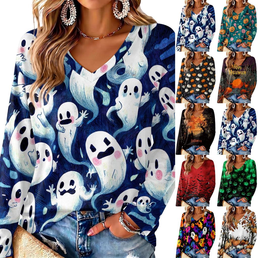 Women's V-Neck Long Sleeve Lightweight Halloween Print Blouse for Casual Wear