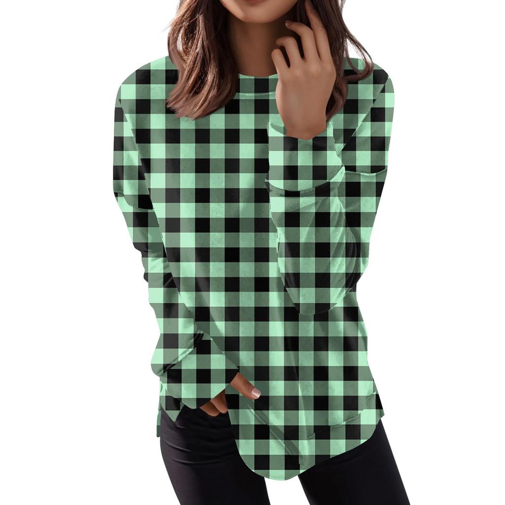 Women's Fashion Casual Long Sleeve Plaid Round Neck Top