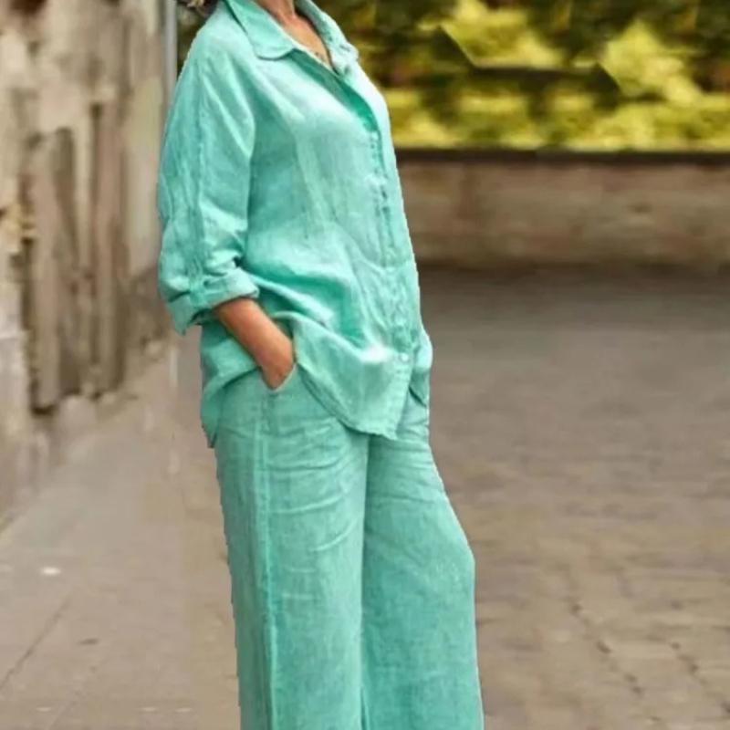 

Fashion Cotton Linen Shirt Long Sleeved Women s Set Spring Autumn Loose Cotton Linen Wide Leg Trousers Female Office 2piece Set 5XL зелений