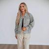 Womens Loose Fit Denim Jacket Fashionable Versatile Printed Wash Outerwear Street Style 2025 Fall Stand Collar Long Sleeve
