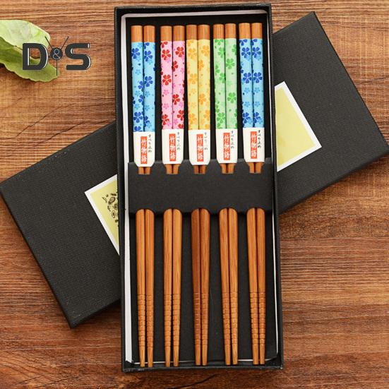 Anti-Rutsch 5 Paar Essstäbchen, gratfrei, lebensmittelecht, guter Halt, antihaftbeschichtet, Essen, 6 Stile, Blumenmuster, Bambus-Essstäbchen
