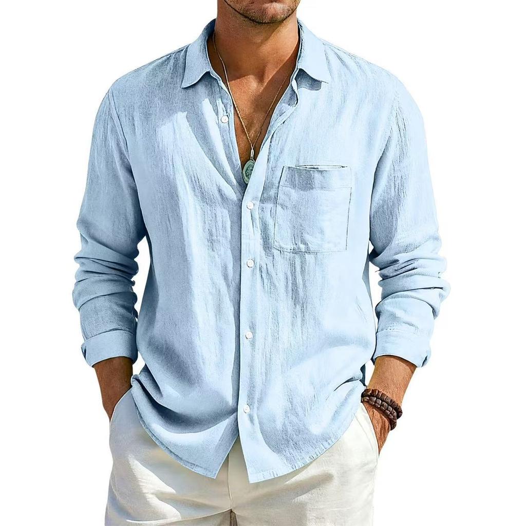 Camicia Estiva da Uomo a Maniche Lunghe Tinta Unita Larga in Cotone e Lino con Tasche Estiva Traspirante Moda Casual Camicie per Uomo