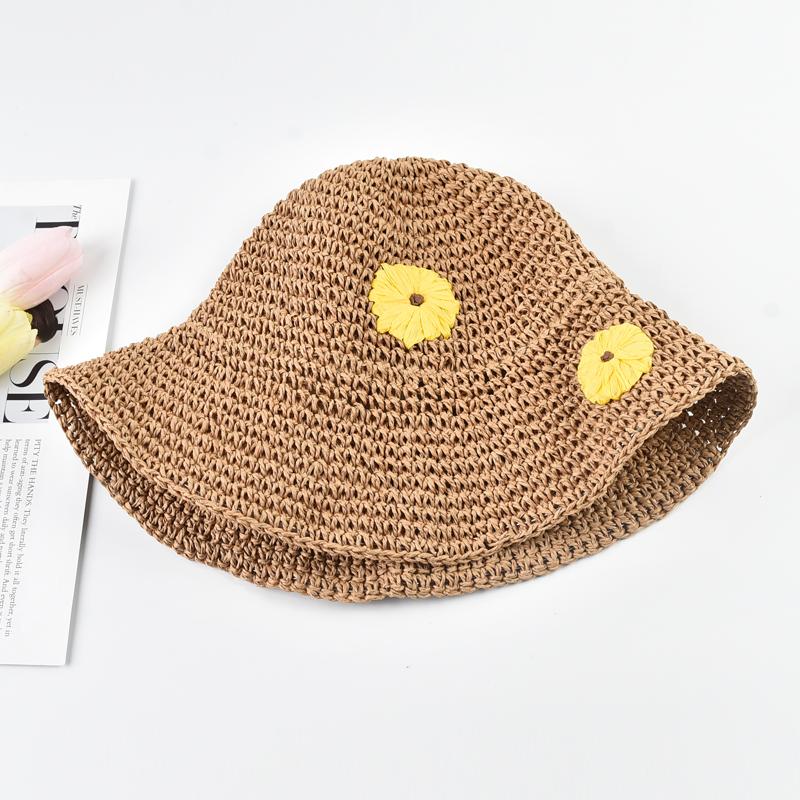 

Handmade Crochet Straw Bucket Hat for Female Summer Vacation Foldable Beach Sun Hat Outside Wide Brim Floppy Fisherman C Practical Use One Size хаки