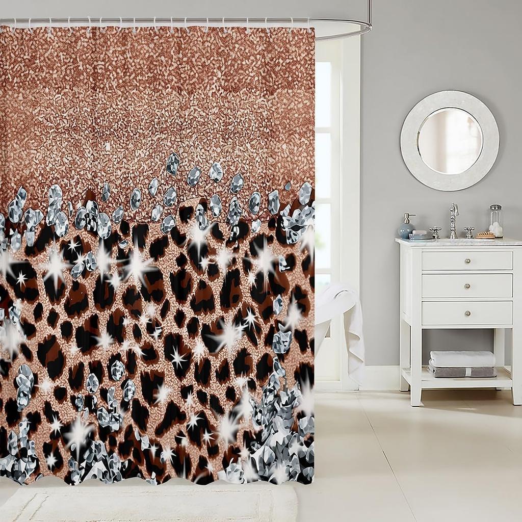Leopard Print Glitter Shower Curtain Rose Gold Diamond Pattern Glamour Bathroom Decor Linen180X230