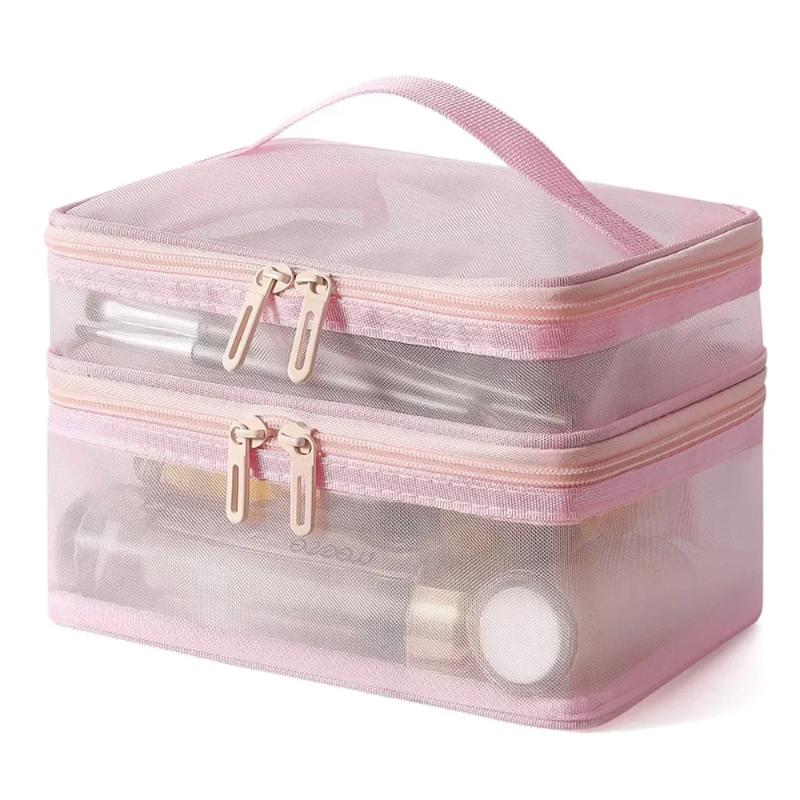 Breathable Mesh Cosmetic Bag Large Capacity Double Layer Anti-scratch Makeup Organizer for Business Trip Daily Travel