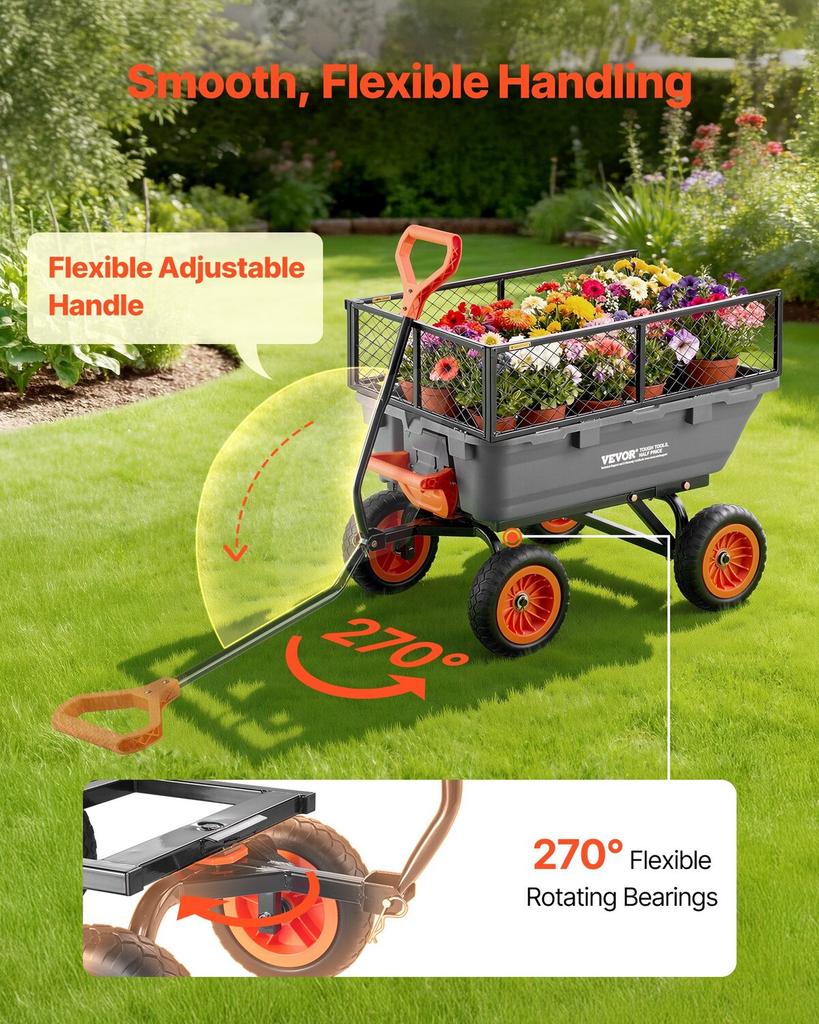 Garden Dump Cart, 362 kg Poly Dump Cart, Garden Carts Dumps Wagon with Storage Fence, 90° Quick-Dumps Mechanism, 180° Swivel Wheels, 90° Rotating