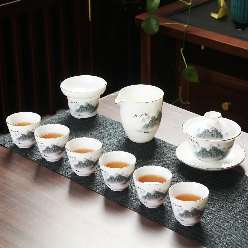 Good value goods suet jade porcelain kung fu tea set business merchandise gifts can be done