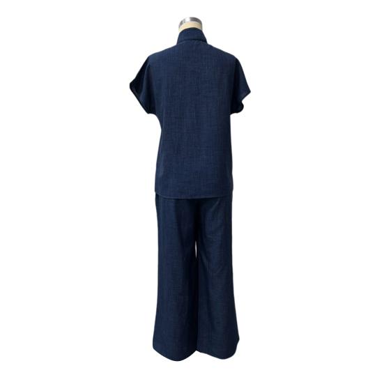 Yousheng Women Cotton Linen 2 Piece Sets Short Sleeve Button Up V Neck And Long Pants Summer Lounge Outfits with Pockets