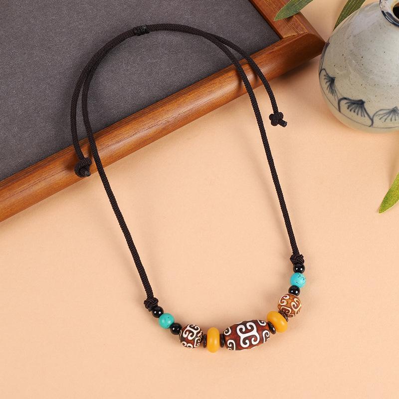 Original Tibetan dzi bead agate necklace Xizang men's and women's collarbone chain beeswax pendant retro literary accessories