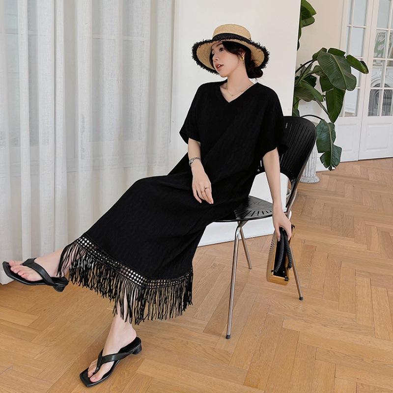 Summer WoMan's Beach Vacation Dress Loose Plus Lace Tassel Short-sleeved Long Dress