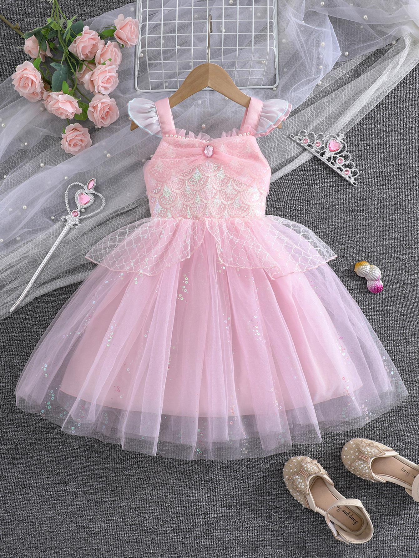 

Girls Sequined Mesh Spaghetti Strap Dress - Summer Mermaid Princess Costume 90cm (3Y) розовый