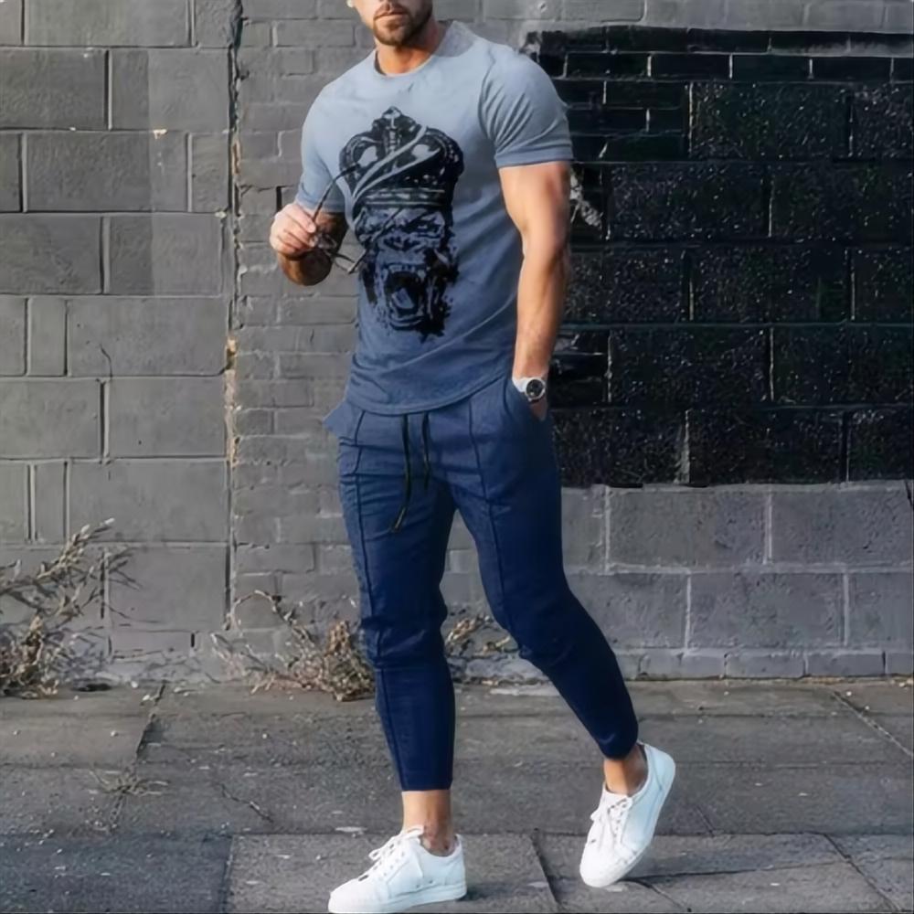 Men's Sports Set Jogging Suit Printed Summer Fashion Fun Short Sleeved Men's T Shirt Pants Set
