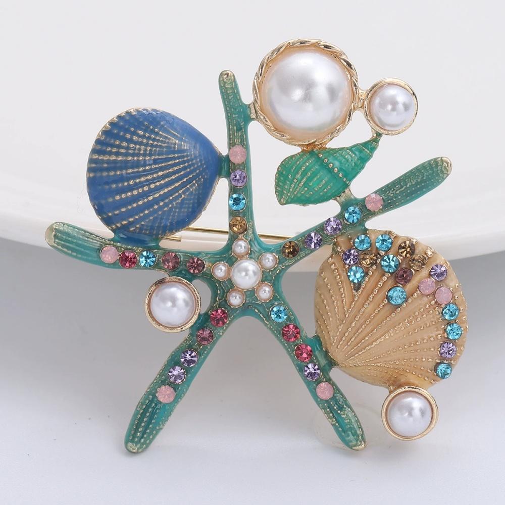 New Enamel Starfish Brooches for Women Unisex Pearl Shell Sea Plant Pins Banquet Party Backpack Gifts Jewelry Accessories