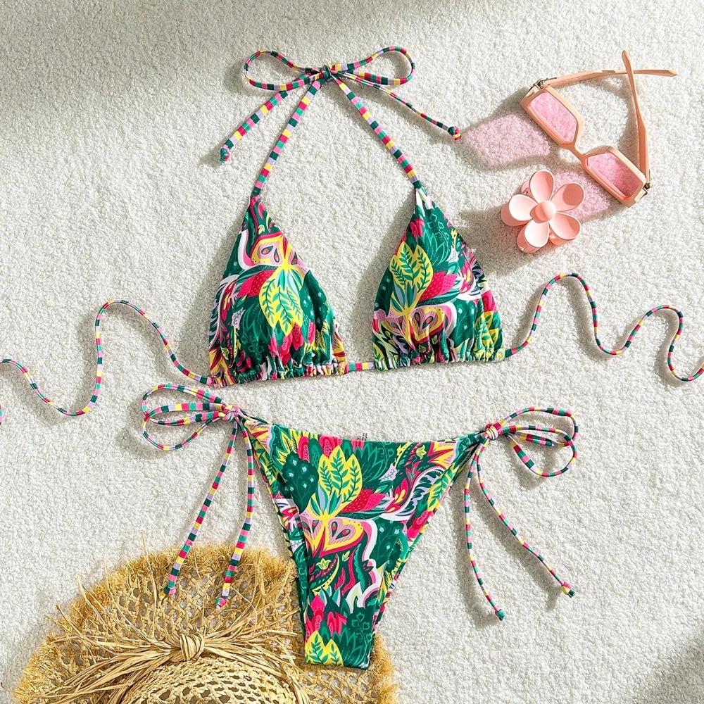 2026 New Bikini European and American Triangle Cup Print Lace-up Swimsuit Hot Girl Small Fresh Seaside Bikini Swimsuit