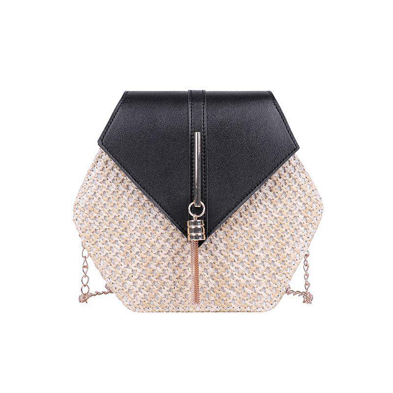 Trendy Woven Hexagonal Shoulder Crossbody Bag – Solid Color with Tassel Chain
