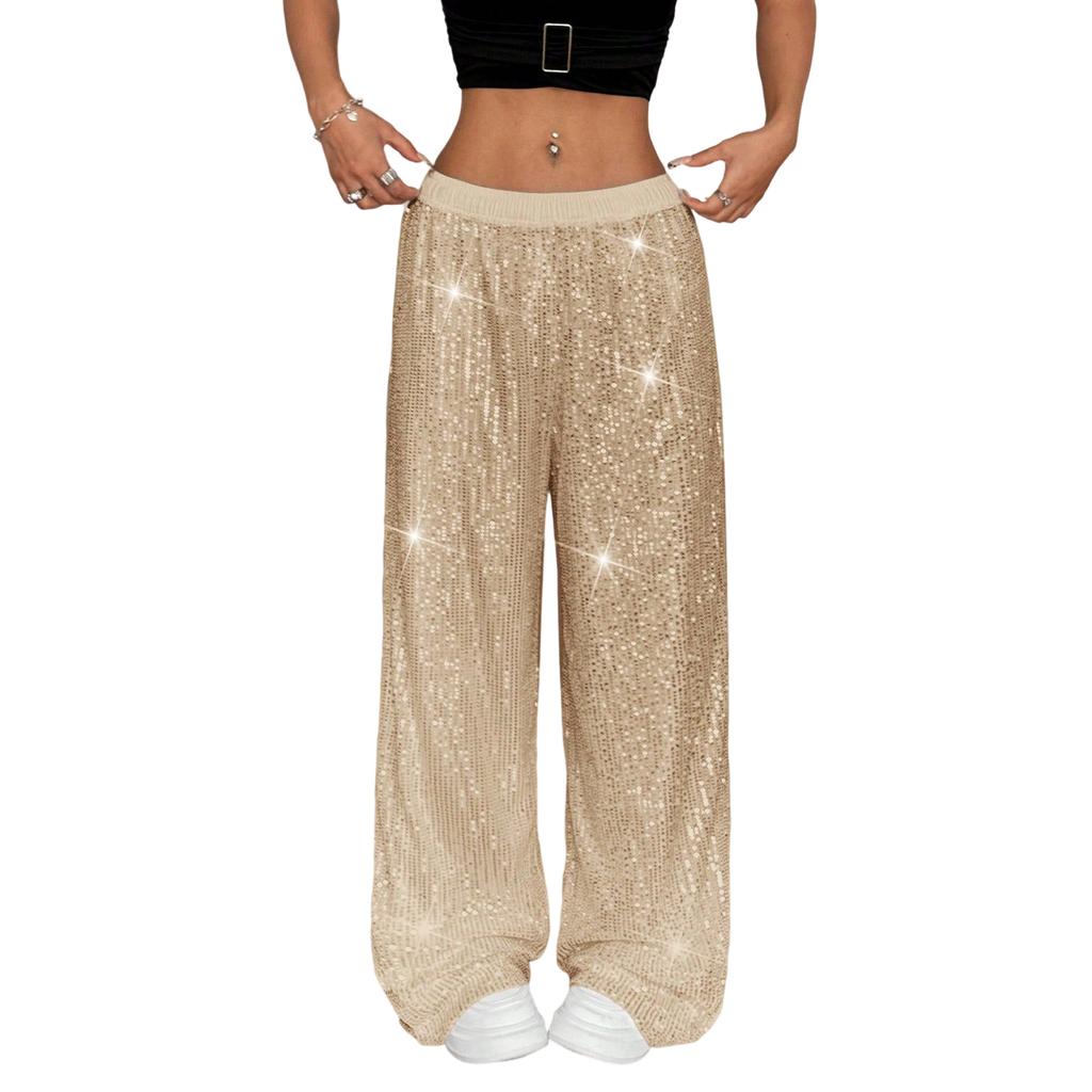 Sequin Pants Women Stretchy High Waist Wide Leg Pant Casual Loose Glitter Trousers Bling Party Clubwear