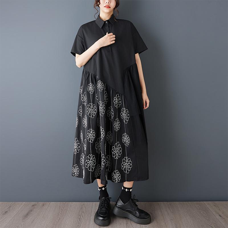 2026 Spring/Summer Retro Black Embroidered Short Sleeve Mesh Splice Loose Slimming Women s Dress Large чёрный
