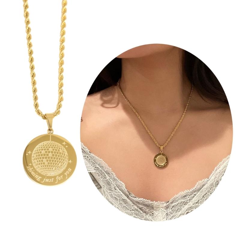 Metal Thick Twists Rope Chain Necklace Simple Clavicle Chain Engraved Light Ball Pendant Necklace Fashion Party Jewelry