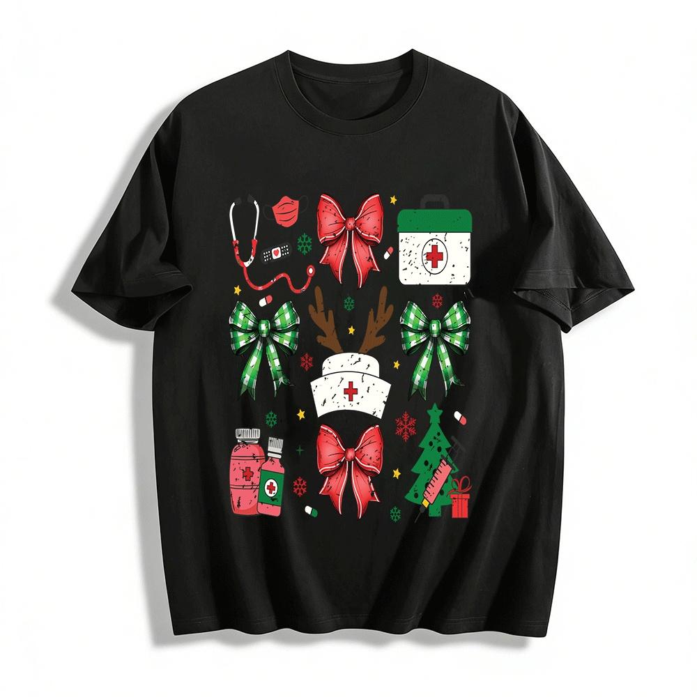Christmas Medical Themed Print Casual Top Pure cotton T-shirt XXS