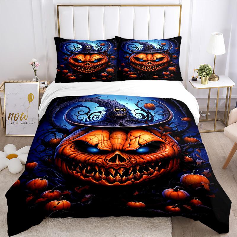 3pc Halloween Pumpkin Head Cover Set - 1 Quilt Cover + 2 Pillowcases, All Seasons Bedroom Setting, Perfect for Home027