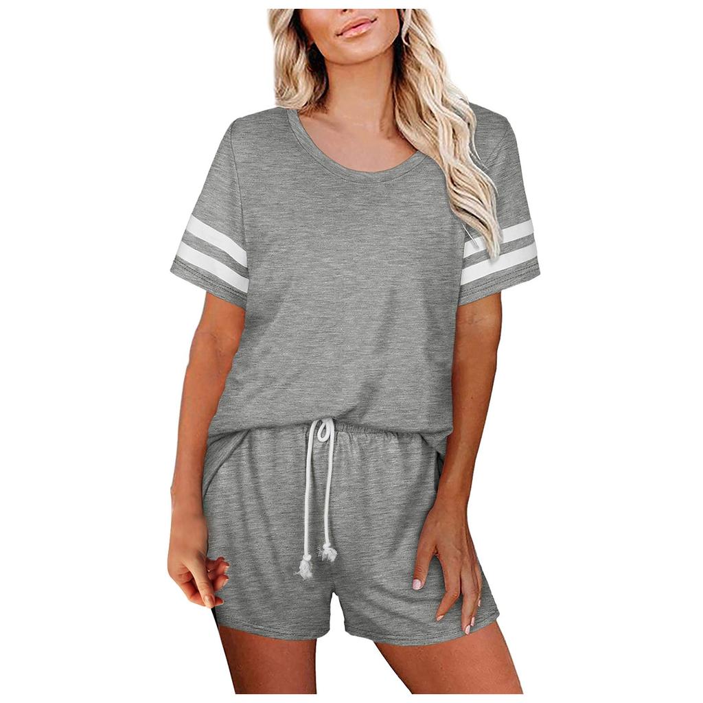 Women Casual Home Sleepwear Round Neck Short Sleeve Stripe Two-Piece Sets