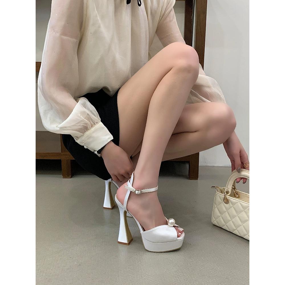 Pesstwei Fashion String Bead Peep Toe Platform Woman Sandals Ankle Buckle Strap Sexy High Heels Party Pumps Shoes Zapatos Mujer