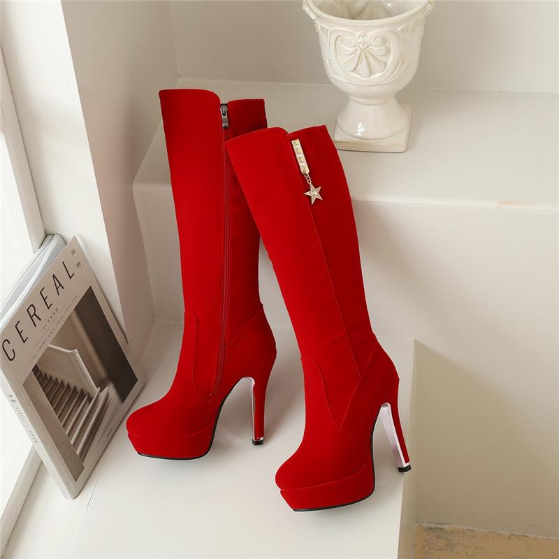 Women's High Boots 2025 Winter Shoes Flock Black Red Platform High Knee Boot Large Size 48 Long Party Fetish Shoes