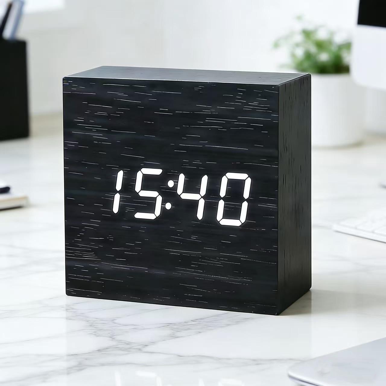 Voice-Activated LED Wooden Alarm Clock: Digital Office & Bedside Clock