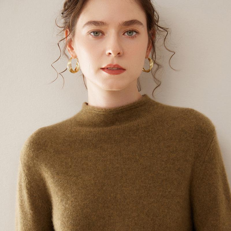 Women's Minimalist Cashmere Semi-High Neck Rolled-Edge Sweater - Loose Fit, Slimming, Long Sleeve