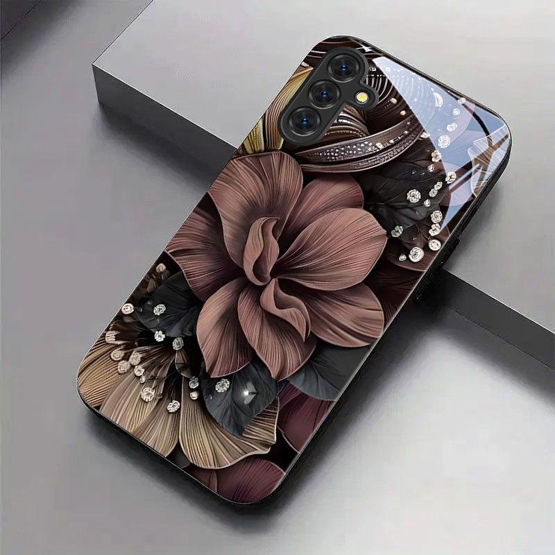 Brown and Black Flower Patterned Glass Phone Case Suitable for Samsung Galaxy S26 S25 S24 S23 S22 S21 S20FE/Ultra/Plus Anti Drop
