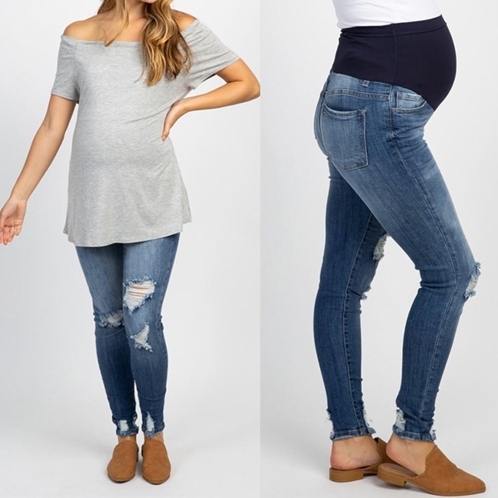 Womens Maternity Skinny Ankle Ripped Jeans Pregnant Trousers Slim for Women Nursing Prop Belly Legging