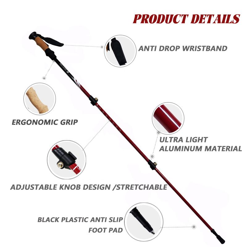Aluminum Alloy Trekking Poles Collapsible Hiking Poles with Cork Grips Quick Locks Snow Baskets Suitable for Walking Travel Trails, Red