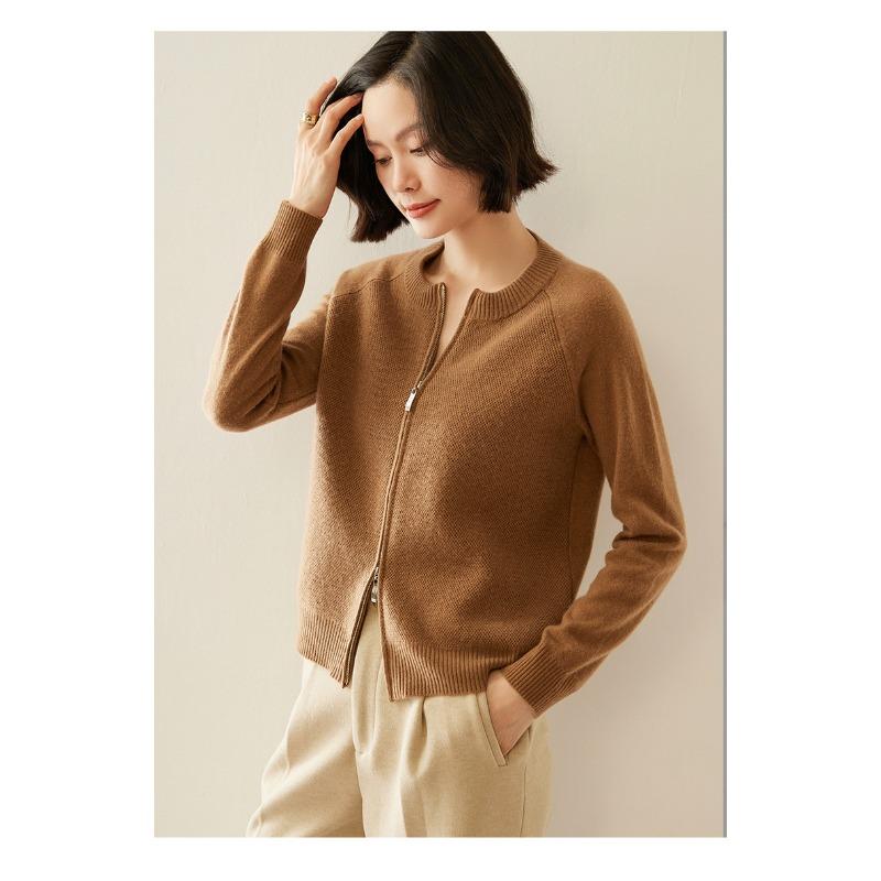 Round Neck Cashmere Cardigan for Women In Autumn and Winter Fashion Versatile Zipper Cardigan Jacket Long Sleeve Knitted Sweater