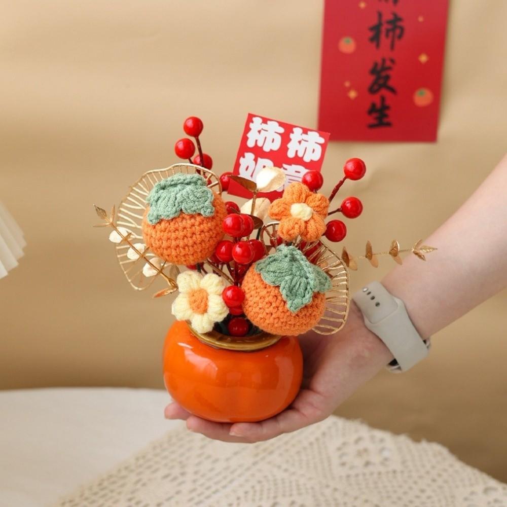 Knitted Flower Artificial Potted Plants Chinese New Year Decoration Desktop Feng Shui Bonsai Lunar New Year Gift Home Decoration